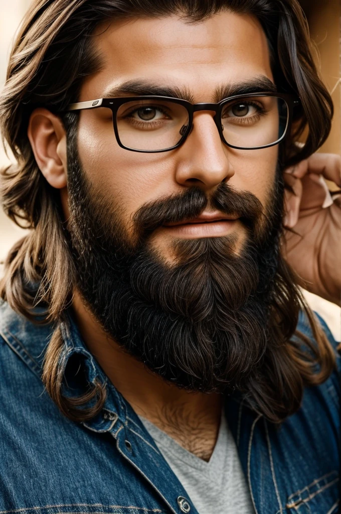 A tall bearded brunette super hero with brown eyes and glasses 
