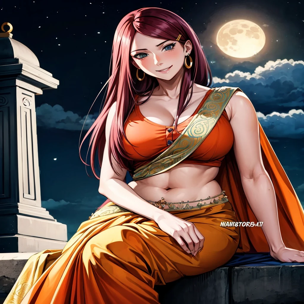 uzumaki_kushina,massive large_breasts, large thighs,large_ass, solo, green shirt,shirt up,navel, ponytail,tight dress, short skirts, masterpiece, best quality, detailed face, detailed eyes, highres, (masterpiece:1.4, best quality:1.2), (Highres), (Detailed Illustration), Ultra-Detailed, konohagakure, leg spread,looking in front, smiling playfully with a mischievous glint in the eyes
