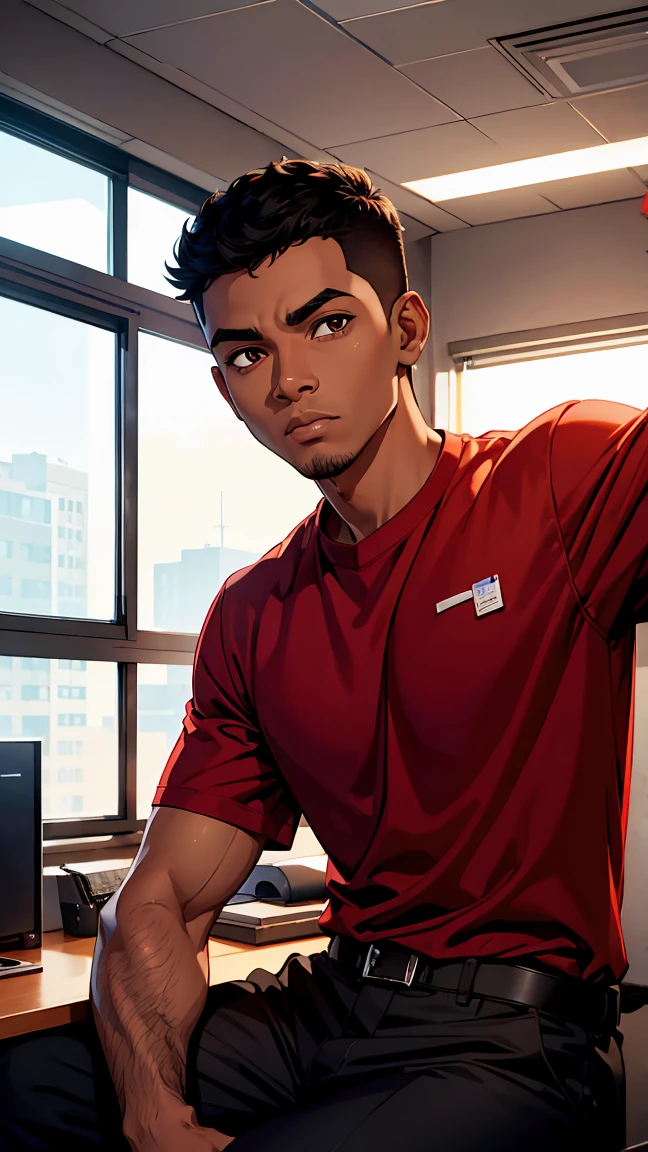 man1,(black skin),round face,brown eyes,black hair,hairless fade haircut,red shirt,pants,(Office room,Sitting behind a desk),(Surprised),HD,highly detailed