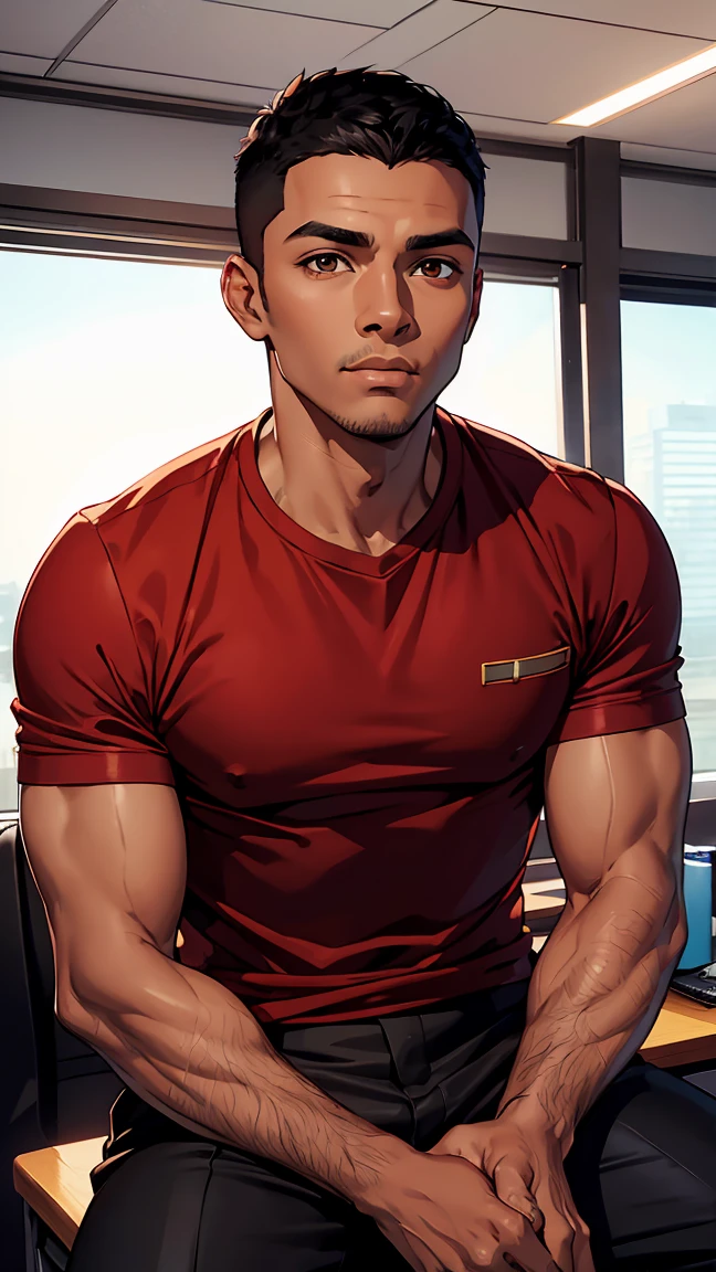 man1,(black skin),round face,brown eyes,black hair,hairless fade haircut,red shirt,pants,(Office room,Sitting behind a desk),(Surprised),HD,highly detailed