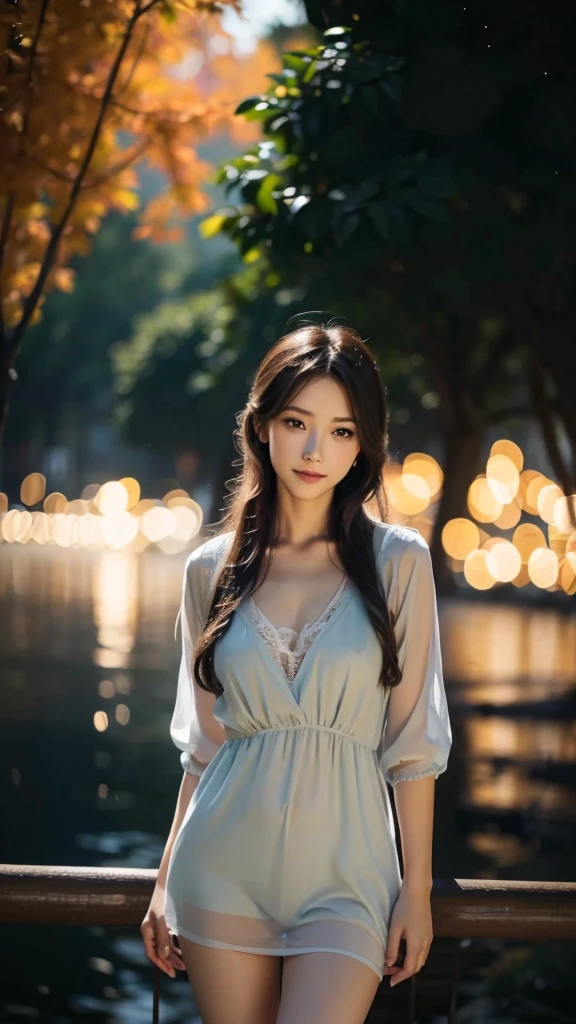 1girl, solo, small breasts,look at viewer, funny smile, sheer outerwear, casual summer dress,  thighhigh, (best quality,4k,8k,highres,masterpiece:1.2),ultra-detailed,(realistic,photorealistic,photo-realistic:1.37),intricate details, delicate features, beautiful detailed eyes, beautiful detailed lips, extremely detailed face, long eyelashes, serene expression, flowing hair, natural lighting, warm color palette, soft focus, digital painting, cinematic composition