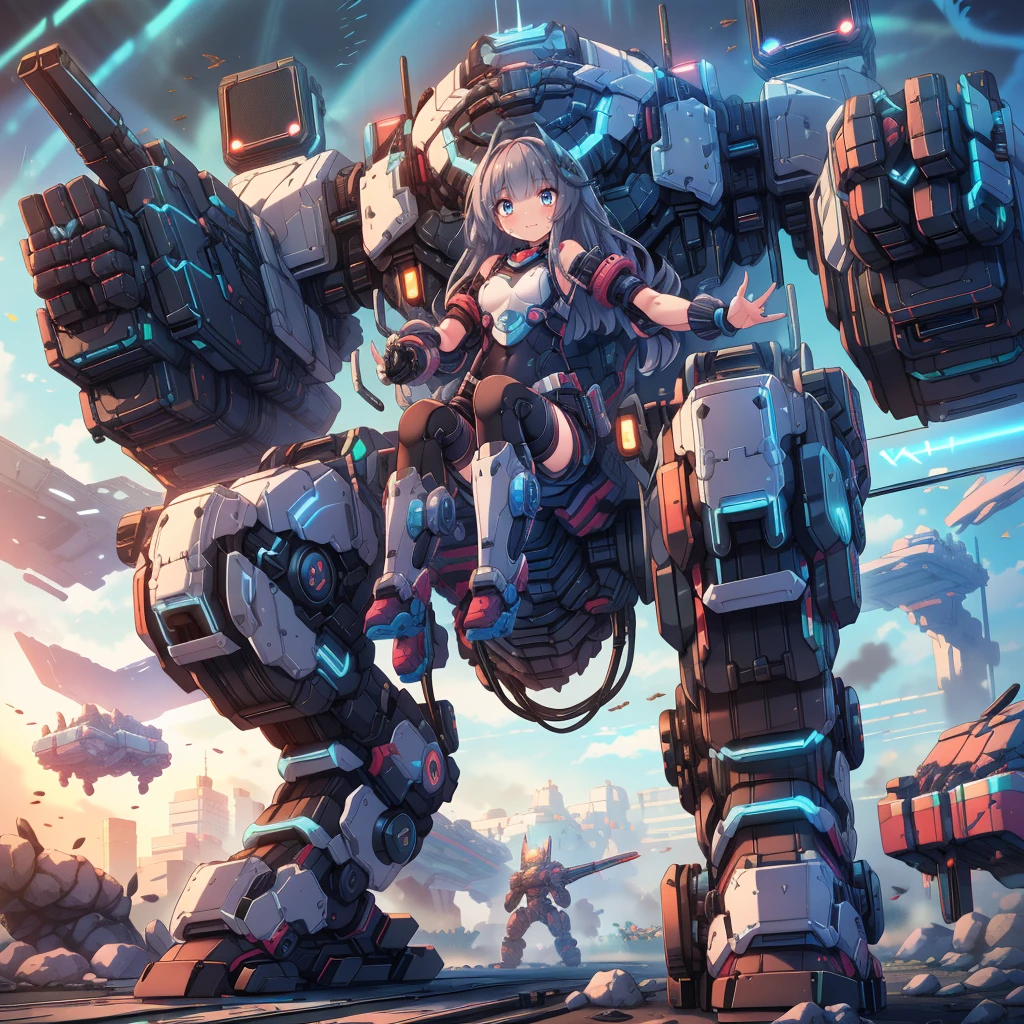 (masterpiece:1.2), best quality, high resolution, extremely detailed CG, absurdres, highres, Sci-fi world, a girl in bodysuit sits inside a machine with giant robot arms and legs on a battlefield, and the girl holds the lever of the machine,Colorful portraits