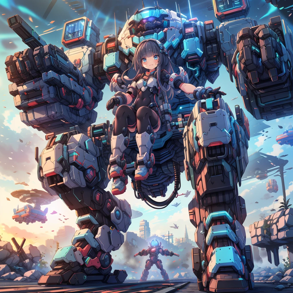 (masterpiece:1.2), best quality, high resolution, extremely detailed CG, absurdres, highres, Sci-fi world, a girl in bodysuit sits inside a machine with giant robot arms and legs on a battlefield, and the girl holds the lever of the machine,Colorful portraits