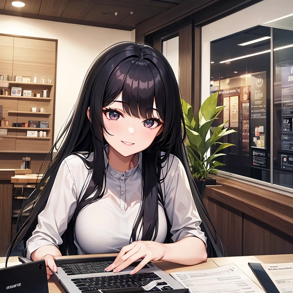 Black-haired woman in her 20s。Long hair with long bangs、Divided into left and right。She is looking at me with a smile while using her computer in a cafe.。