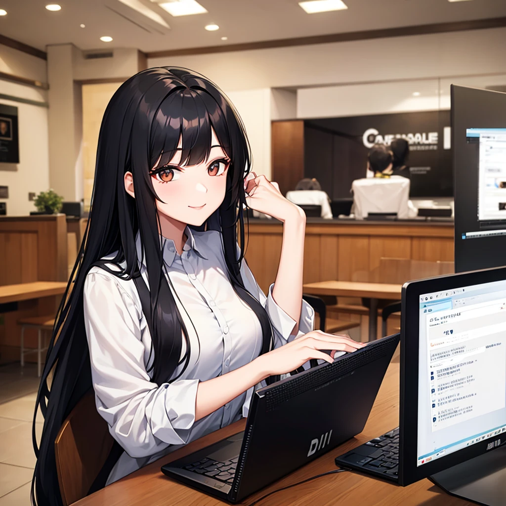 Black-haired woman in her 20s。Long hair with long bangs、Divided into left and right。She is looking at me with a smile while using her computer in a cafe.。