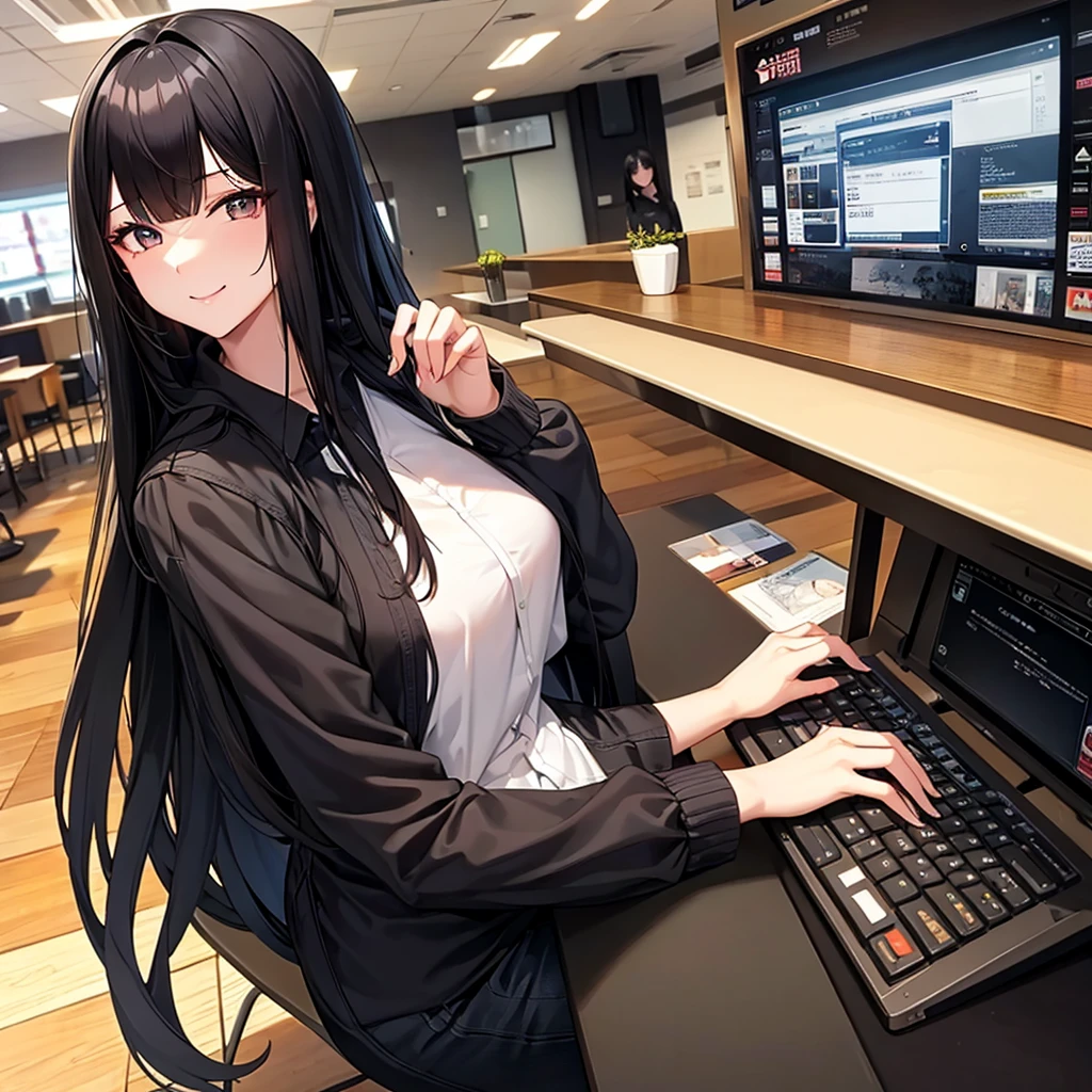 Black-haired woman in her 20s。Long hair with long bangs、Divided into left and right。She is looking at me with a smile while using her computer in a cafe.。