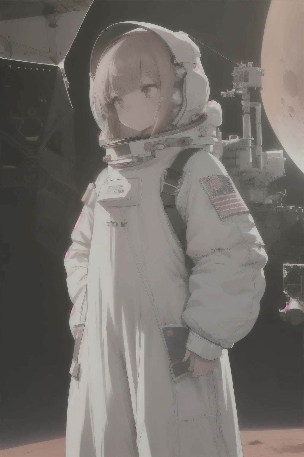 (1girl:1.1) wearing a (loose fitting:1.3) (spacesuit:1.2), (baggy oversized:1.3) clothes, on the surface of the mars, lunar lander in the background, (worried expression:1.2), (nervous:1.3), concerned, beautiful 8k wallpaper, highly advanced, intricate, (digital art:0.9), high details, superb, 8k wallpaper, extremely detailed, intricate, masterpiece, colorful