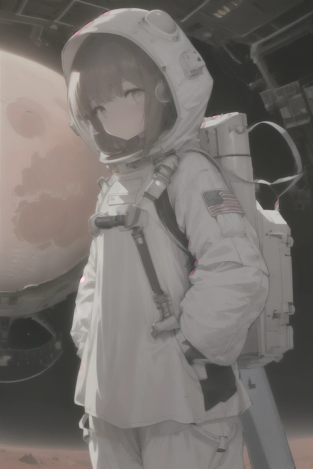 (1girl:1.1) wearing a (loose fitting:1.3) (spacesuit:1.2), (baggy oversized:1.3) clothes, on the surface of the mars, lunar lander in the background, (worried expression:1.2), (nervous:1.3), concerned, beautiful 8k wallpaper, highly advanced, intricate, (digital art:0.9), high details, superb, 8k wallpaper, extremely detailed, intricate, masterpiece, colorful