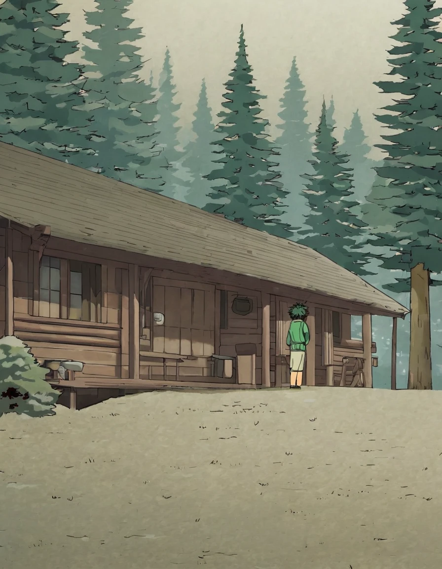 Izuku Midoriya from the back and in front of him a cabin, with pine trees 
