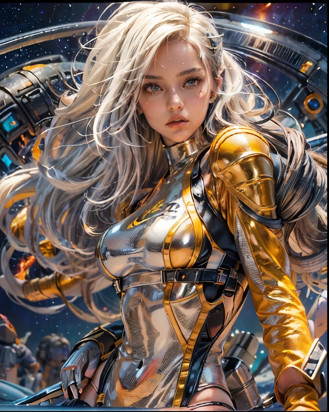 (((low angle shot))), ((1 woman staring at camera in a one piece ultra thin translucent bikini with gorgeous muscular long legs)), ((white gold orange black)), prismatic, reflective, ((ultra perfect flowing hairstyle)), (((huge natural breasts))), ((perfect radiant skin color)), ((super colourful)), (((cinematic sunset gorgeous skies))), (((detailed spaceship background and incredibly sci-fi retro art masterpiece))), (((1:1 scale proportions))), ((science fiction)), ((chrome spaceships)), (((ultra photorealistic realism))), ((Smooth curves, clean lines, streamlined, functional aesthetics, reflective surfaces, integrated lighting, giant floating spaceships, engraved Egyptian and spiritual motifs, Nike shoes)), ((acrylic plastic motorcycle))