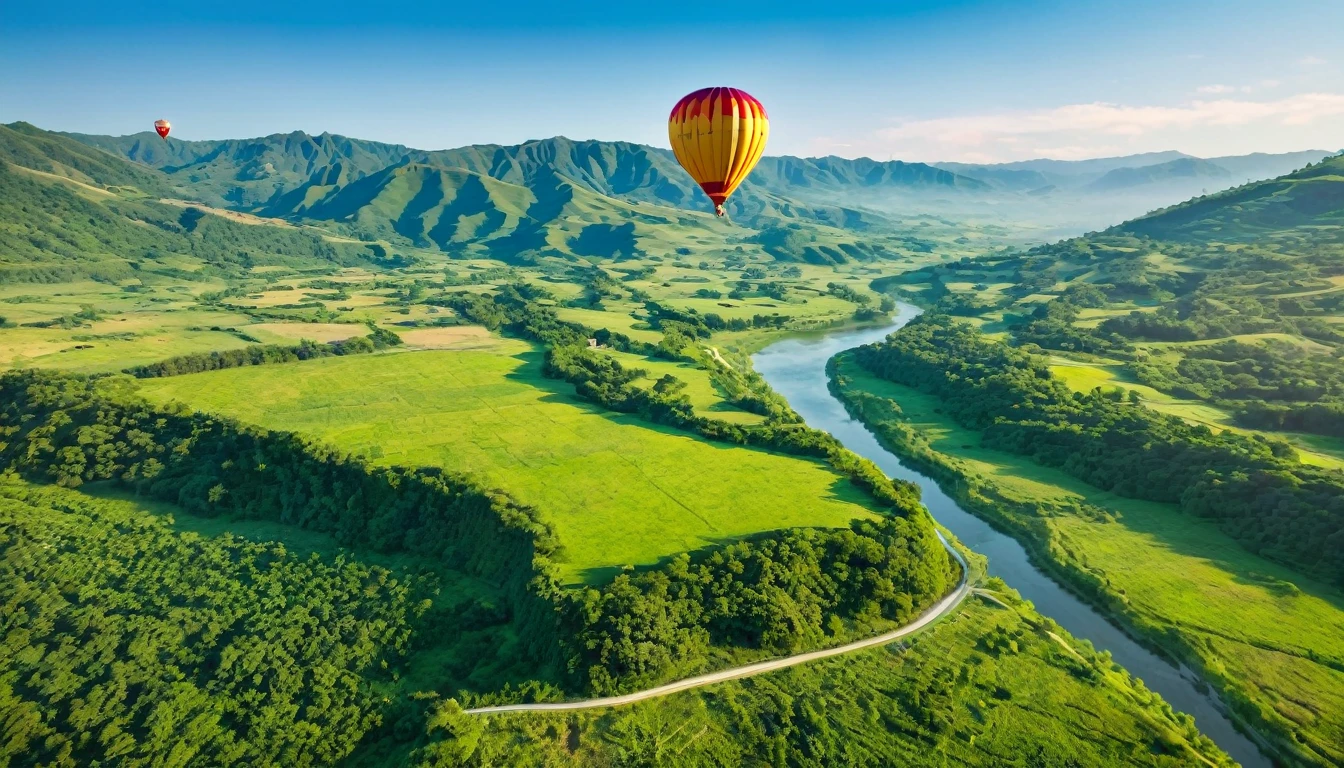 Picture of air balloon flying above a lush green valley on a warm sunny day