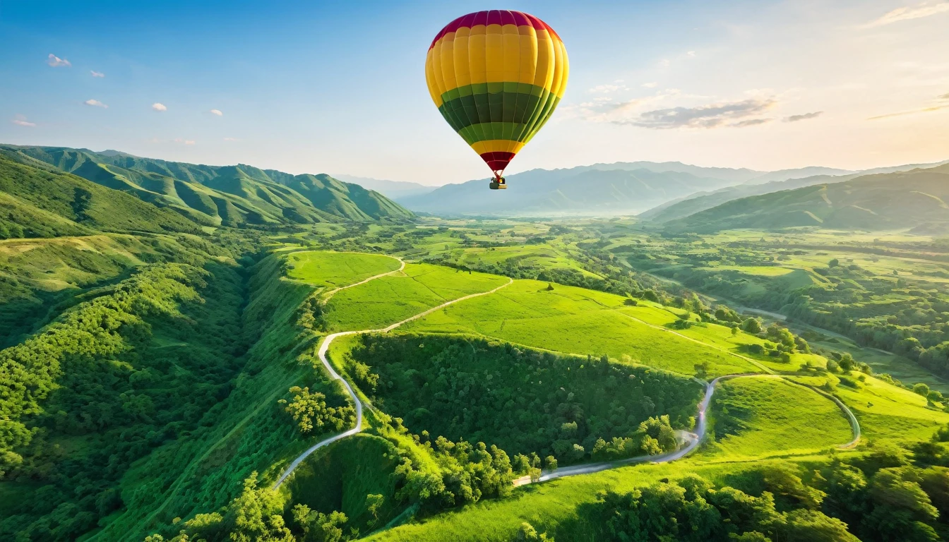 Picture of air balloon flying above a lush green valley on a warm sunny day