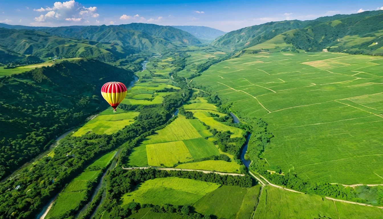 Picture of air balloon flying above a lush green valley on a warm sunny day
