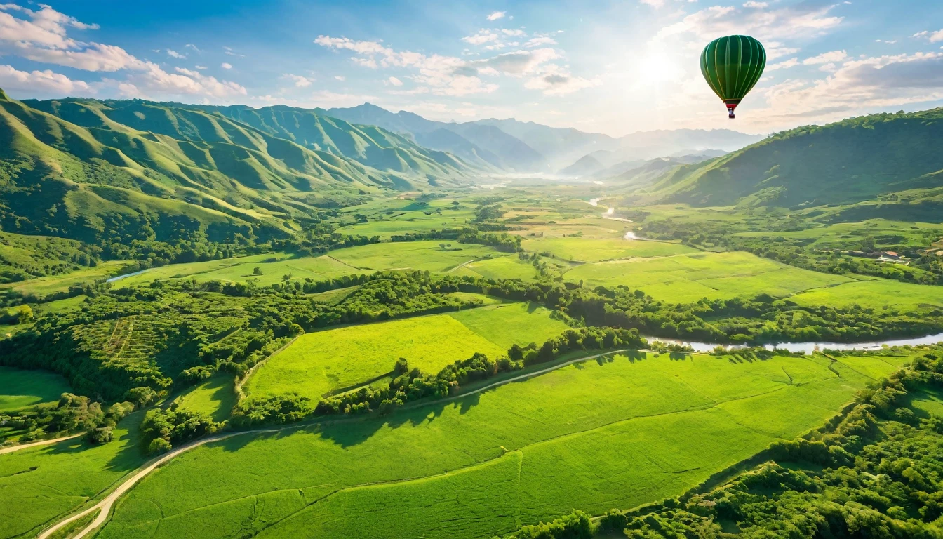 Picture of air balloon flying above a lush green valley on a warm sunny day