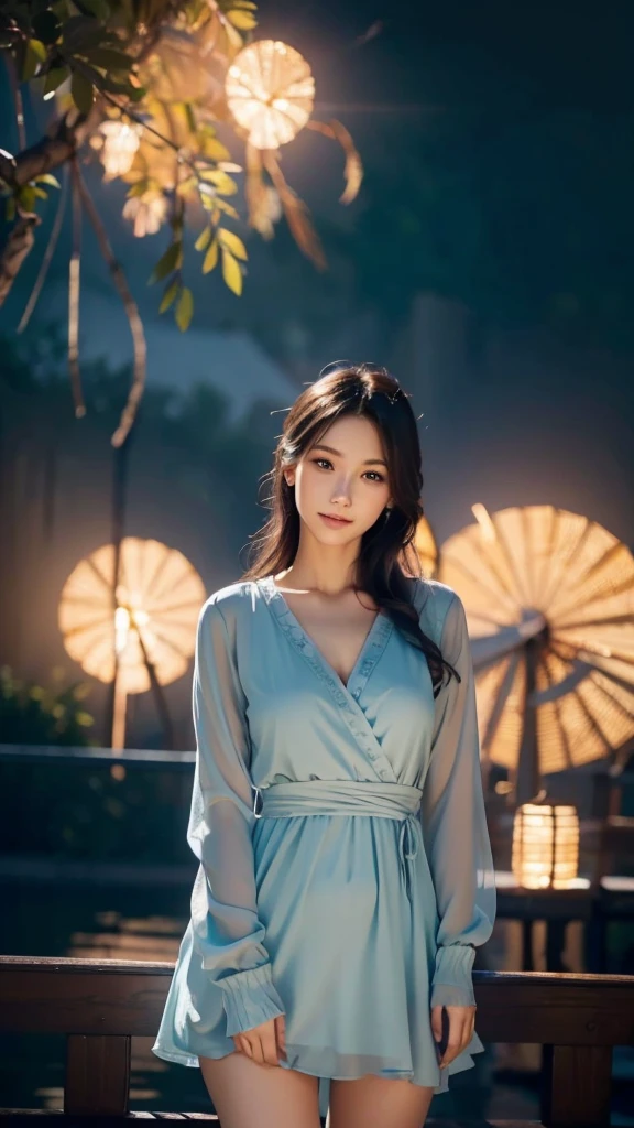1girl, solo, small breasts,look at viewer, funny smile, sheer outerwear, casual summer dress, thighhigh, (best quality,4k,8k,highres,masterpiece:1.2),ultra-detailed,(realistic,photorealistic,photo-realistic:1.37),intricate details, delicate features, beautiful detailed eyes, beautiful detailed lips, extremely detailed face, long eyelashes, serene expression, flowing hair, natural lighting, warm color palette, soft focus, digital painting, cinematic composition