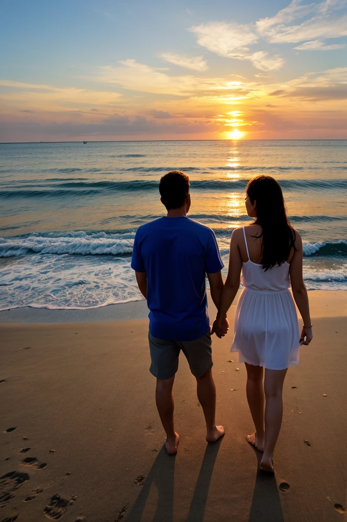 Skyline, beach view, sunrise, couple watching