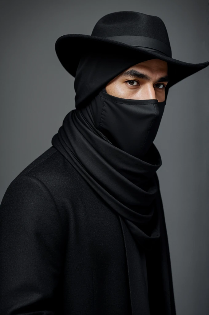A man wears a black hat and a black scarf that covers his mouth and nose. 