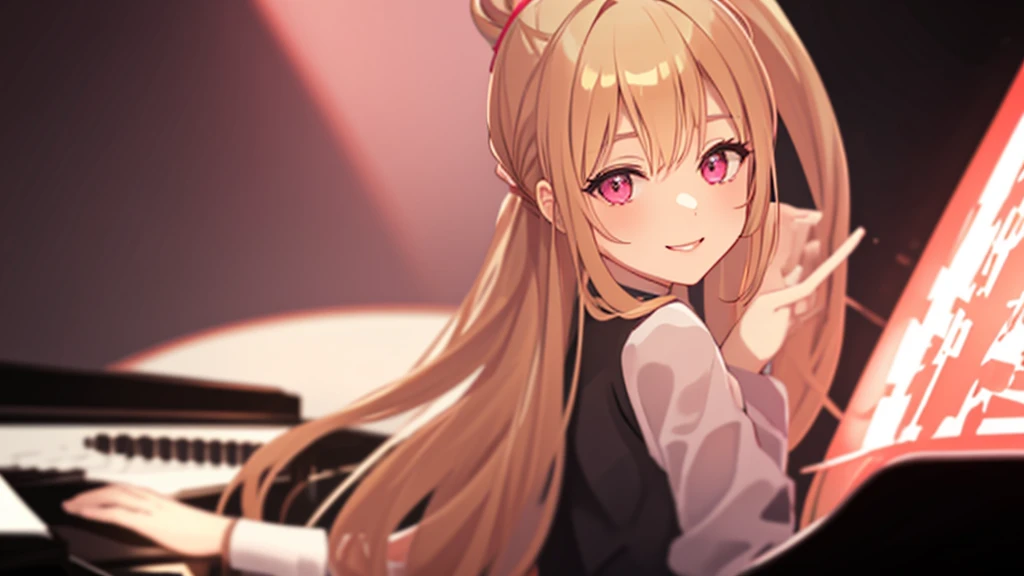 adult woman, pink eyes, ponytail, long blonde hair, playing piano, night, smile