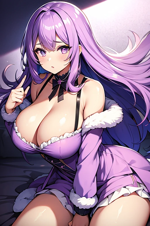 girl, big breasts, violet eyes, light violet fur, bubblegum pink dress.