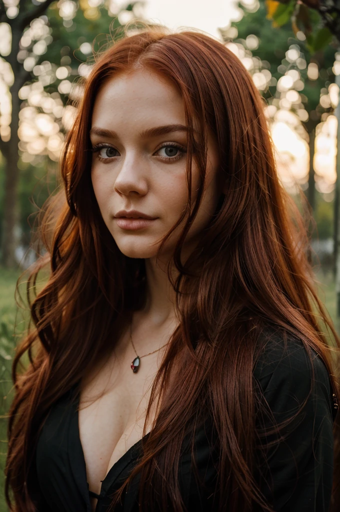 Beautiful, unusual girl, incredible appearance, long red hair, close up against the background of evening nature, neckline