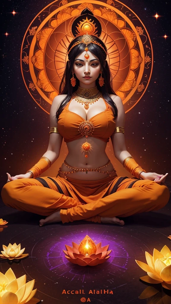 sacral chakra, center of spiritual sphere, busty hindu goddess with multiple arms, cleavage, sacral chakra, 2nd chakra orb