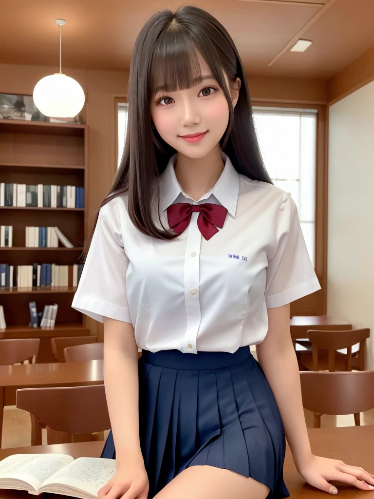 masterpiece, 1girl in 1photo, upper body shot, front view, young pretty girl in Japan, 18 years old, studying in a library of a high school with a historical record book on the desk, a big smile, glamorous figure, wearing a short sleeve shiny satin white shirt with white collar, a shiny red satin plain bow tie, wearing a long length dark blue pleated skirt, super cute face, glossy lips, double eyelids for both eyes, natural makeup, long eyelashes, shiny smooth light brown hair of long bob hairstyle, asymmetrical bangs, tanned skin, center image, 8K resolution, high resolution, detailed hairstyle, detailed face, spectacular movie lighting, octane rendering, vibrant, hyper realistic, perfect limbs, perfect anatomy