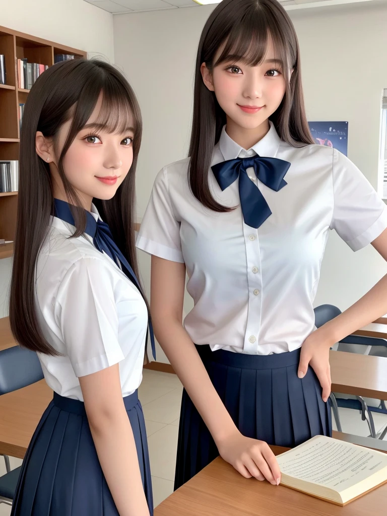 masterpiece, 1girl in 1photo, upper body shot, front view, young pretty girl in Japan, 18 years old, studying in a library of a high school with a historical record book on the desk, a big smile, glamorous figure, wearing a short sleeve shiny satin white shirt with white collar, a shiny red satin plain bow tie, wearing a long length dark blue pleated skirt, super cute face, glossy lips, double eyelids for both eyes, natural makeup, long eyelashes, shiny smooth light brown hair of long bob hairstyle, asymmetrical bangs, tanned skin, center image, 8K resolution, high resolution, detailed hairstyle, detailed face, spectacular movie lighting, octane rendering, vibrant, hyper realistic, perfect limbs, perfect ???????