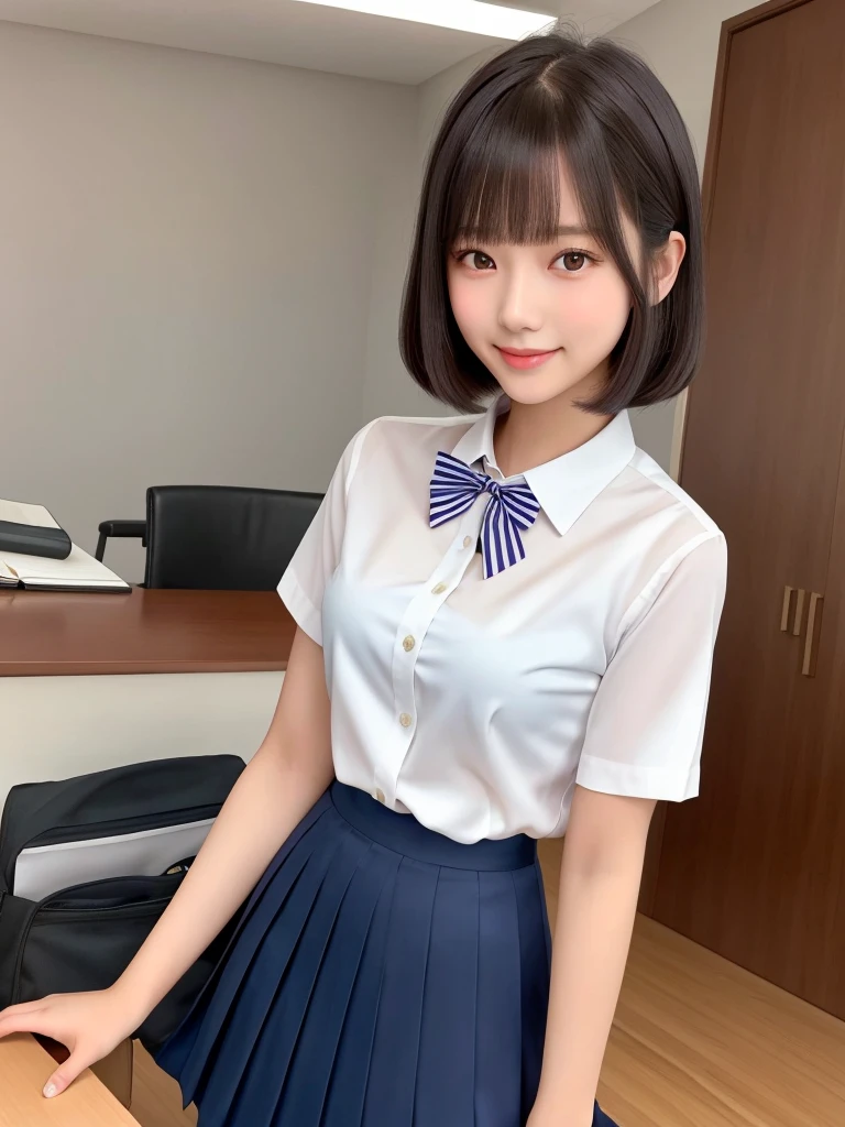 masterpiece, 1girl in 1photo, upper body shot, front view, young pretty girl in Japan, 18 years old, studying in a library of a high school with a historical record book on the desk, a big smile, glamorous figure, wearing a short sleeve shiny satin white shirt with white collar, a shiny red satin plain bow tie, wearing a long length dark blue pleated skirt, super cute face, glossy lips, double eyelids for both eyes, natural makeup, long eyelashes, shiny smooth light brown hair of long bob hairstyle, asymmetrical bangs, tanned skin, center image, 8K resolution, high resolution, detailed hairstyle, detailed face, spectacular movie lighting, octane rendering, vibrant, hyper realistic, perfect limbs, perfect anatomy