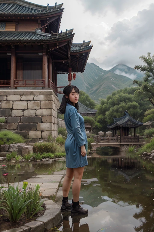 Mountains, clouds, ancient Chinese architecture, cranes, 1 girl, by a pond, indigenous plant life, light rain