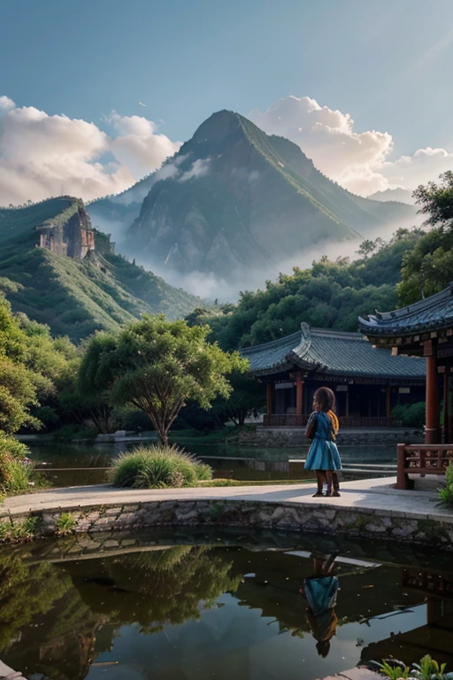 Mountains, clouds, ancient Chinese architecture, cranes, 1 girl, by a pond, indigenous plant life, light rain