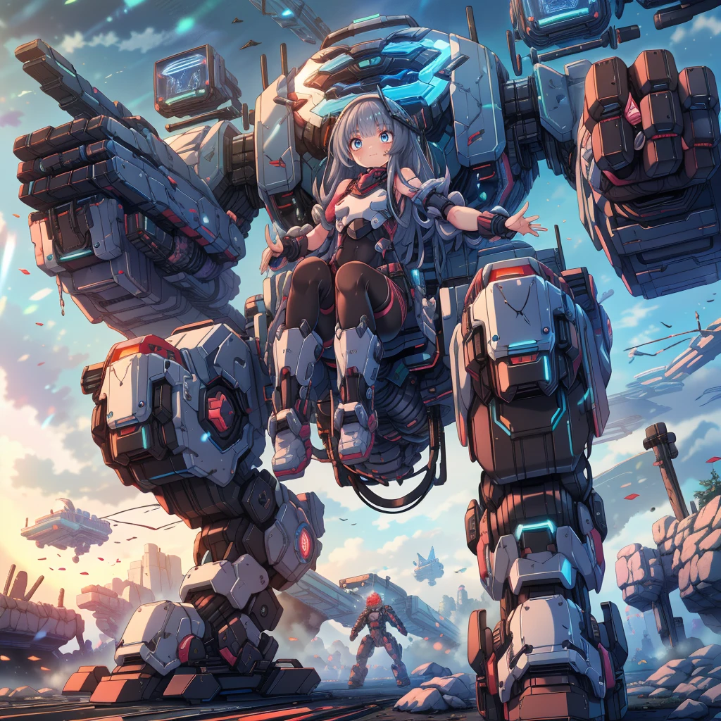 (masterpiece:1.2), best quality, high resolution, extremely detailed CG, absurdres, highres, Sci-fi world, a girl in bodysuit sits inside a machine with giant robot arms and legs on a battlefield, and the girl holds the lever of the machine,Colorful portraits