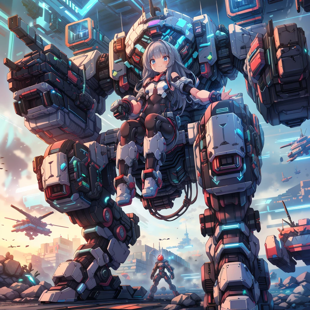 (masterpiece:1.2), best quality, high resolution, extremely detailed CG, absurdres, highres, Sci-fi world, a girl in bodysuit sits inside a machine with giant robot arms and legs on a battlefield, and the girl holds the lever of the machine,Colorful portraits