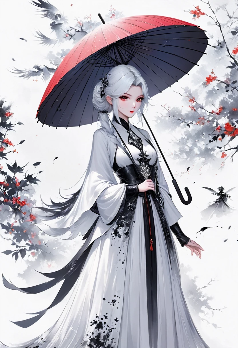 (Lots of white space:1.5)，(Lots of white space around:1.6), White background, simple, Minimalism, Abstract,Hand Painted，Aesthetic，black and white，Ink Painting，，Falling Flowers，Girl holding an umbrella in the distance，(Umbrella:1.7),一幅Abstract的艺术插图, author：Li Song, Arte no estilo de Gu Weiss, Shin Jin Hye, Obra-prima de Gu Weiss, Ross Figure 1. 0, Beautiful digital illustrations, Inspired by Non-WLOP, simple數位藝術, jingna zhang, Gu Weiss, Stunning digital illustrations