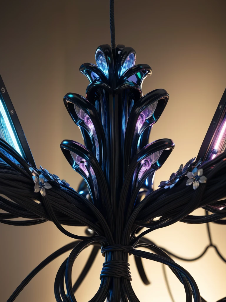 black flower made cables and wires and led, an attractive iridescent fractal