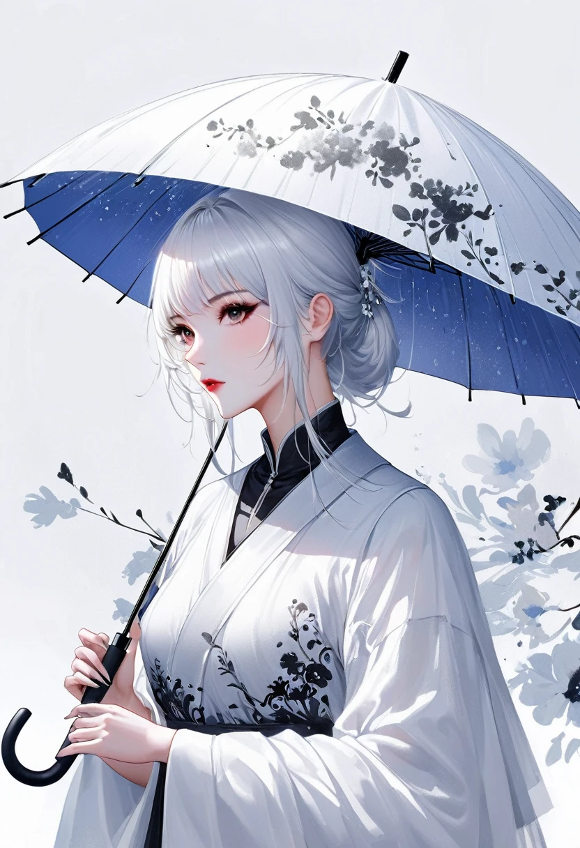 (Lots of white space:1.5)，(Lots of white space around:1.6), White background, simple, Minimalism, Abstract,Hand Painted，Aesthetic，black and white，Ink Painting，，Falling Flowers，Girl holding an umbrella in the distance，(Umbrella:1.7),一幅Abstract的艺术插图, author：Li Song, Arte no estilo de Gu Weiss, Shin Jin Hye, Obra-prima de Gu Weiss, Ross Figure 1. 0, Beautiful digital illustrations, Inspired by Non-WLOP, simple數位藝術, jingna zhang, Gu Weiss, Stunning digital illustrations