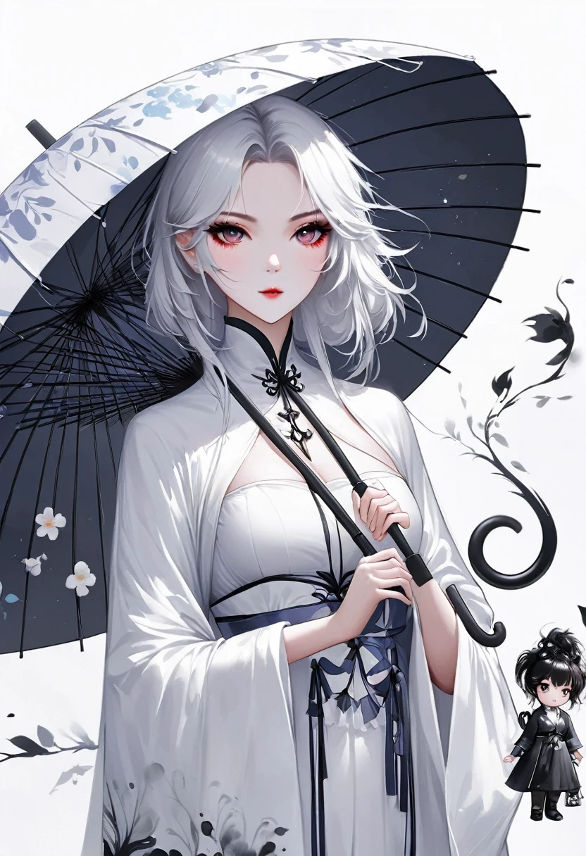 (Lots of white space:1.5),(Lots of white space around:1.6), White background, simple, Minimalism, Abstract,Hand Painted,Aesthetic,black and white,Ink Painting,,Falling Flowers,Girl holding an umbrella in the distance,(Umbrella:1.7),一幅Abstract的艺术插图, author:Li Song, Arte no estilo de Gu Weiss, Shin Jin Hye, Obra-prima de Gu Weiss, Ross Figure 1. 0, Beautiful digital illustrations, Inspired by Non-WLOP, simple數位藝術, jingna zhang, Gu Weiss, Stunning digital illustrations
