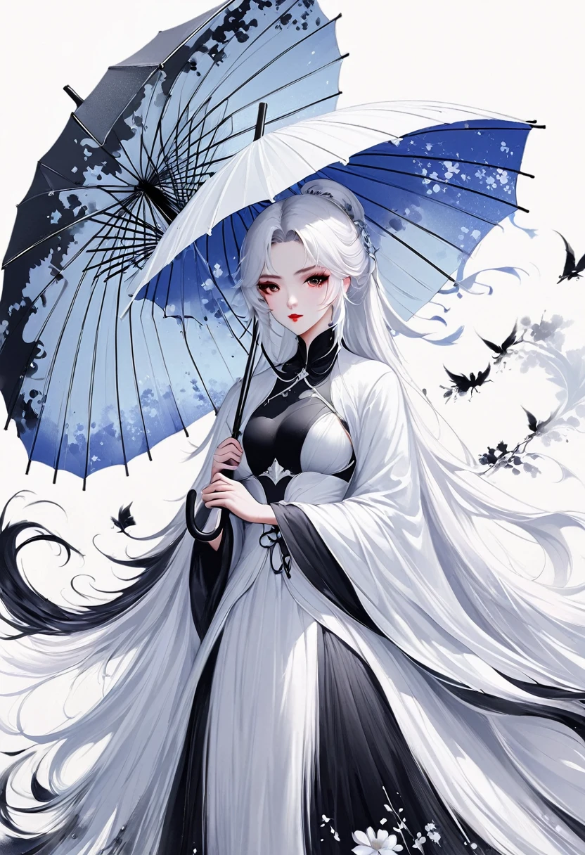 (Lots of white space:1.5),(Lots of white space around:1.6), White background, simple, Minimalism, Abstract,Hand Painted,Aesthetic,black and white,Ink Painting,,Falling Flowers,Girl holding an umbrella in the distance,(Umbrella:1.7),一幅Abstract的艺术插图, author:Li Song, Arte no estilo de Gu Weiss, Shin Jin Hye, Obra-prima de Gu Weiss, Ross Figure 1. 0, Beautiful digital illustrations, Inspired by Non-WLOP, simple數位藝術, jingna zhang, Gu Weiss, Stunning digital illustrations