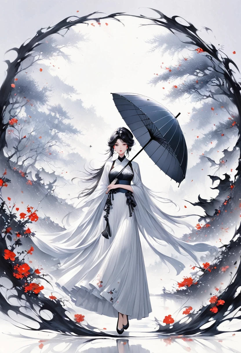 (Lots of white space:1.5),(Lots of white space around:1.6), White background, simple, Minimalism, Abstract,Hand Painted,Aesthetic,black and white,Ink Painting,,Falling Flowers,Girl holding an umbrella in the distance,(Umbrella:1.7),一幅Abstract的艺术插图, author:Li Song, Arte no estilo de Gu Weiss, Shin Jin Hye, Obra-prima de Gu Weiss, Ross Figure 1. 0, Beautiful digital illustrations, Inspired by Non-WLOP, simple數位藝術, jingna zhang, Gu Weiss, Stunning digital illustrations