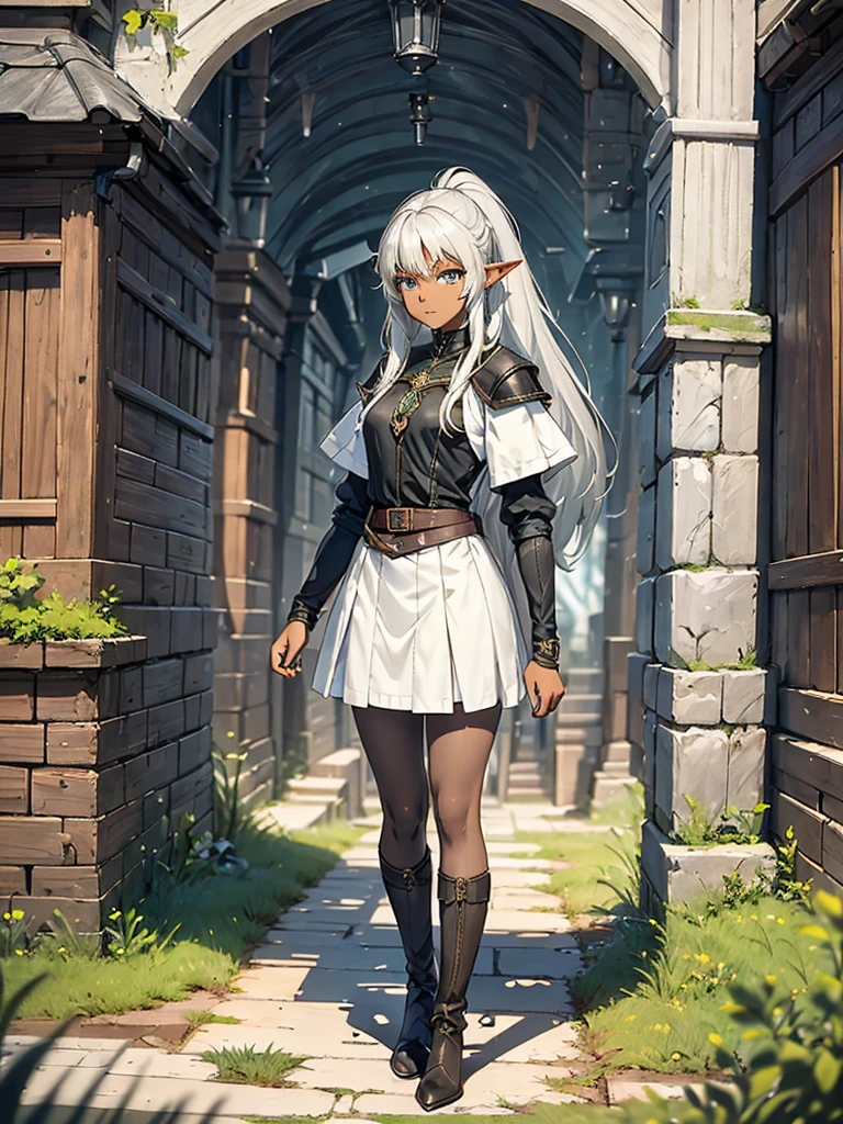 ((Only one person)), ((Standing)). An dark skinned elf teenager girl with dark skin and a flat body. She has medium lenght straight light gray hair, in a twintail hairstyle like a double ponytail, as well as curtain bangs. She has big golden colored eyes, and a neutral expression on his face, as well as elven ears. She wears a white and black outfit. She wears a black coat with buttoned sleeves, a white shirt underneath, a medium-sized white skirt, black pantyhose and light brown high boots. The environment around her is a small green forest lit by the sun.
