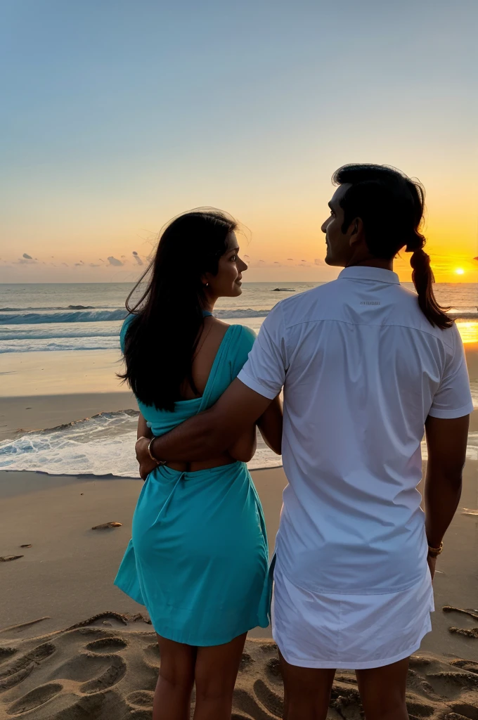 Skyline, beach view, sunrise, indian couple watching