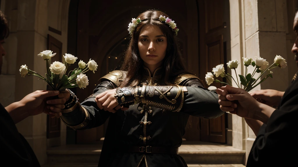 absurdres, high res, ultrasharp, 8K, masterpiece, 5 fingers each hand, knight, holding, holding flowers
