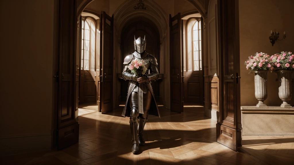 absurdres, high res, ultrasharp, 8K, masterpiece, 5 fingers each hand, knight, holding, holding flowers