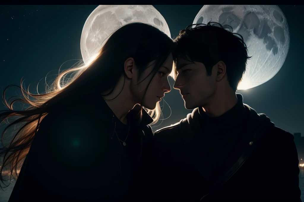 Love story image, Realistic, photo Realistic, An absurd solution,RAWphotograph, photograph, Photorealism, Hyperrealism, Neo-Romantic Metal Etchings, Moon night background, bright, Exquisitely crafted, low key photograph, Best boys and girls from the side, Perfect atmosphere, Hyper Real, Very fine skin, super high quality, Movie stills, 16K, Contrasting concepts, Catch Lighting,