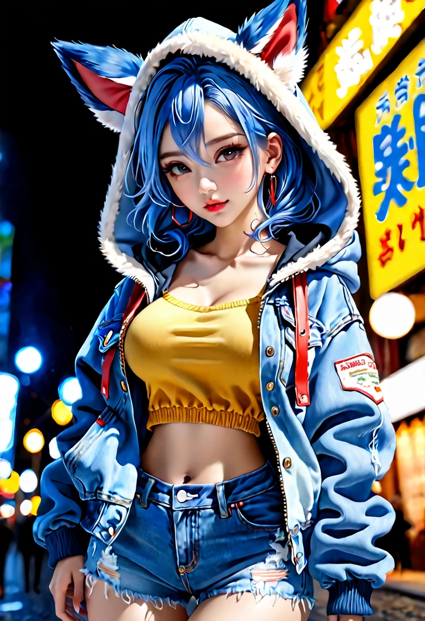 ((Best high quality:1.2)), (8k), extremely detailed, ((High detail:1.2)), 18 years old pretty perfect hot female, ((denim pants, hooded jacket with ears)),