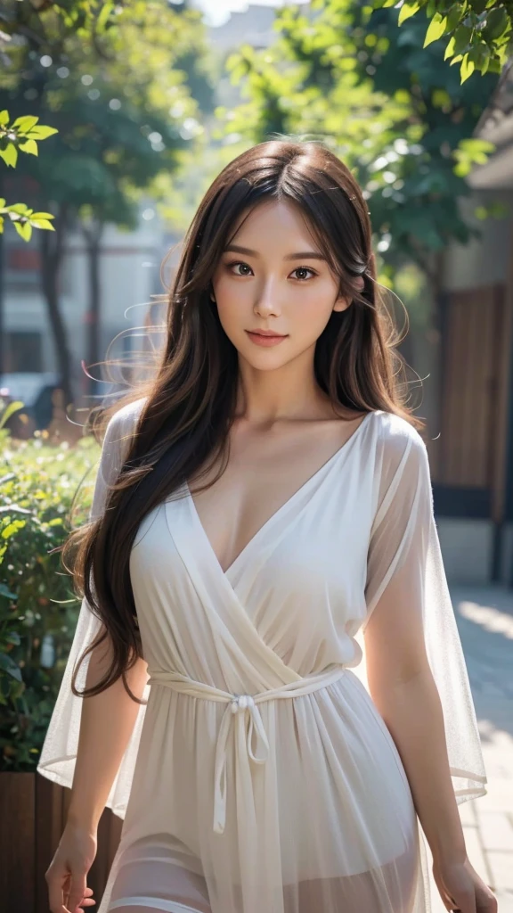 1girl, solo, small breasts,look at viewer, funny smile, sheer outerwear, casual summer dress,  thighhigh, (best quality,4k,8k,highres,masterpiece:1.2),ultra-detailed,(realistic,photorealistic,photo-realistic:1.37),intricate details, delicate features, beautiful detailed eyes, beautiful detailed lips, extremely detailed face, long eyelashes, serene expression, flowing hair, natural lighting, warm color palette, soft focus, digital painting, cinematic composition