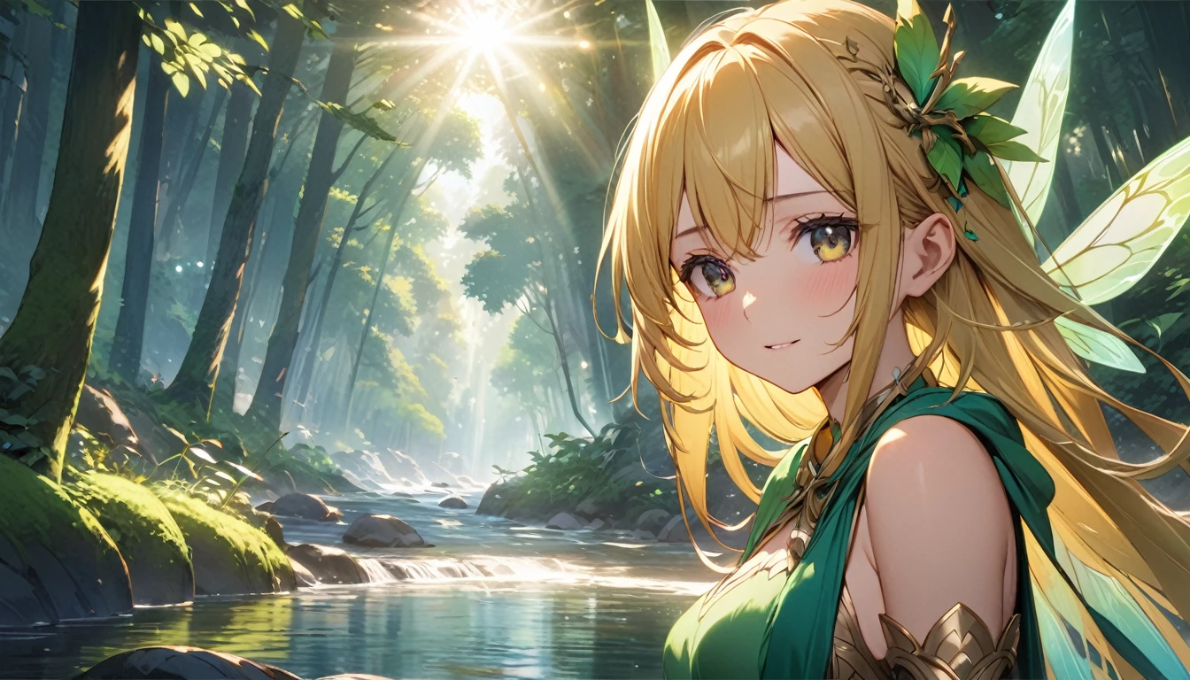 (8K,masterpiece,Highest quality),Hyper Detail,Primary forest,Golden hair shortcut、A fairy girl with a fleeting expression、Sunlight filtering through the trees、river