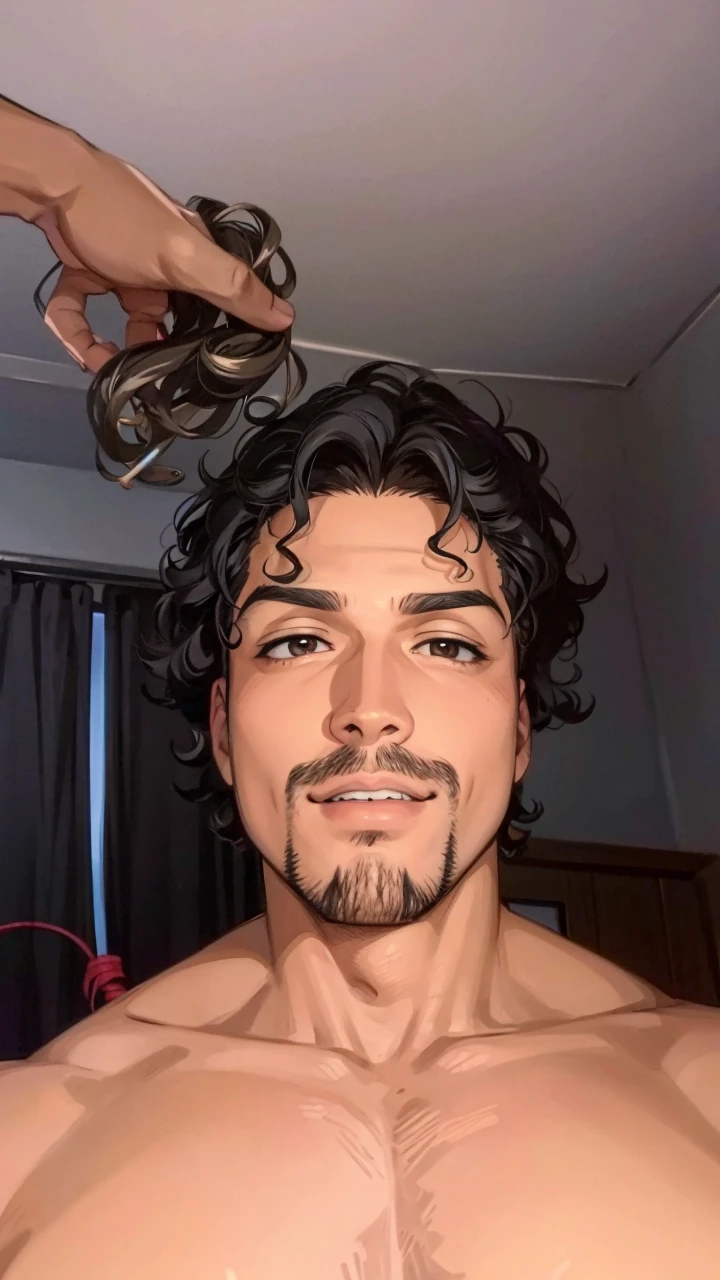 attractive, latino man, curly hair, goatee, shonen anime