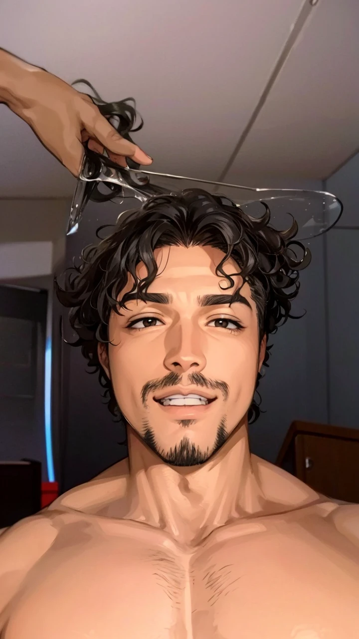 attractive, latino man, curly hair, goatee, shonen anime