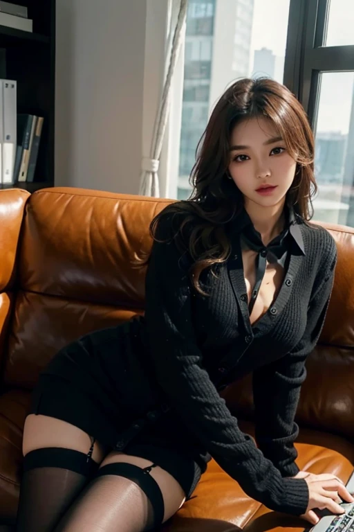 best quality, 8K, 32k, masterpiece, Ultra HD: 1.3), Attractive Korean women pictures, A girl, (Large target: 1.2), Office Dress Style, Lace, Super cute, Upper body close-up, Perfect face,Soft skin, Big breasts, Big Ass Gorgeous Wavy Long Brown Hair, 8k resolution, Surreal, Very detailed, high quality, Lying on the sofa, Business suit, Cross-lace-up clothes, Collared shirt, Open clothes, in office, detailed office, Cardigan sweater, Black over-the-knee stockings, mini skirt, Black lingerie, Unbuttoned shirt,