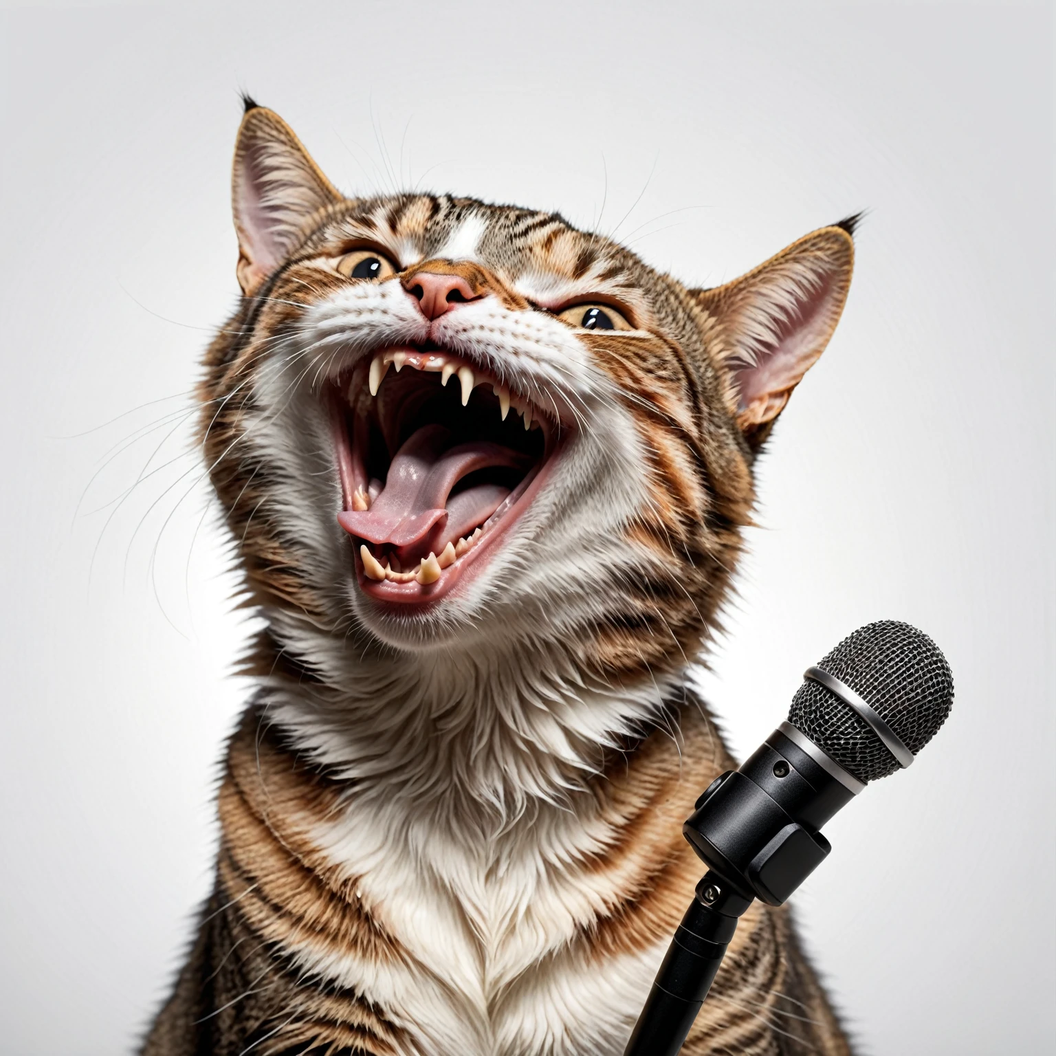 amazing quality, ultra detailed, super realistic,
crazy cat rock band, concert on stage, smile, singing,
extremely detailed, there is a cat that is singing song,  happy cat, a cat is smiling, smiling cat, happy with his mouth open, funny cat, soft lulling tongue, cat photo, laughing and yelling, cute cat photo, with mouth open, cat, smileeeeeee, photo of a cat, shouting, white background, music playing, cat singing with microphone, mouse open, realistic cat. 